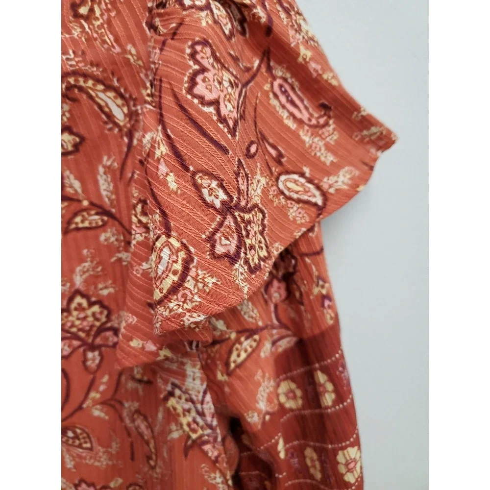 LOFT Women's‎ LS Floral Rust/Burnt orange tie neck top shirt Small Petite Ruffle